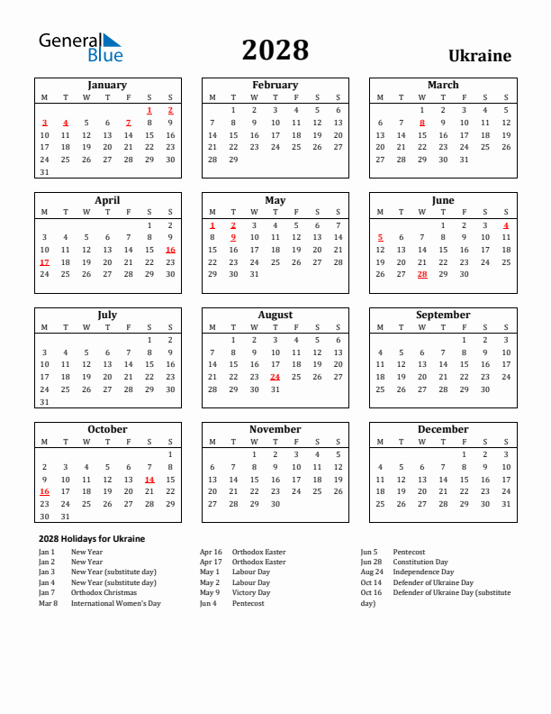 2028 Ukraine Holiday Calendar - Monday Start