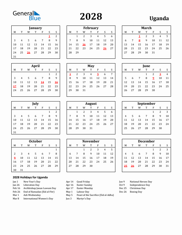 2028 Uganda Holiday Calendar - Monday Start