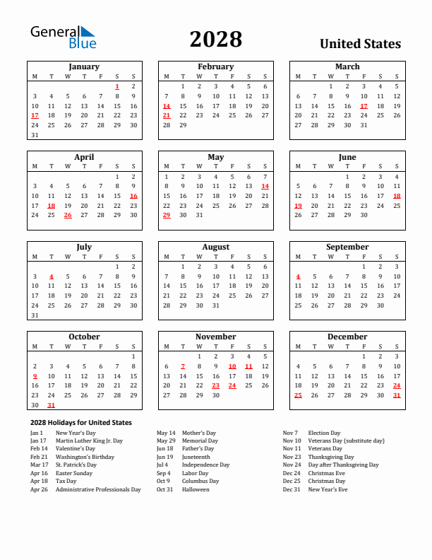 2028 United States Holiday Calendar - Monday Start