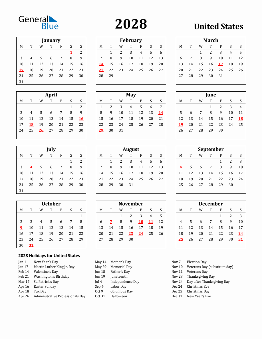 Free Printable 2028 United States Holiday Calendar