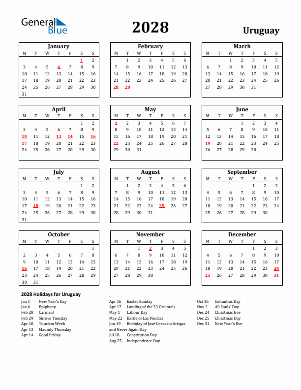 2028 Uruguay Holiday Calendar - Monday Start