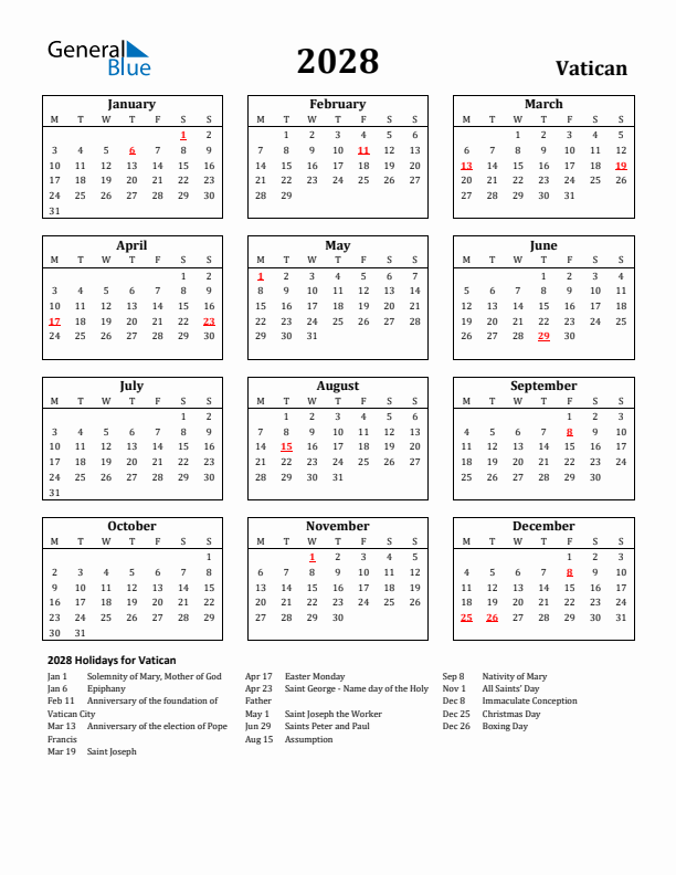 2028 Vatican Holiday Calendar - Monday Start