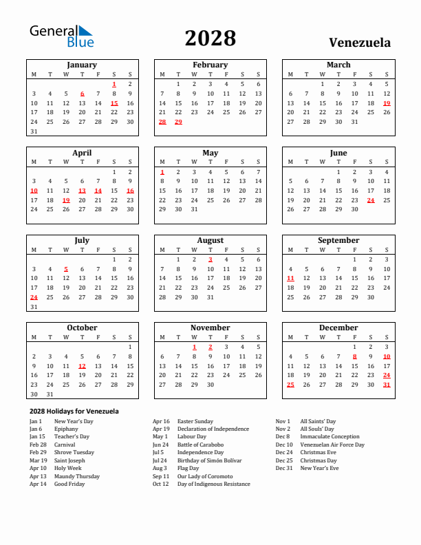 2028 Venezuela Holiday Calendar - Monday Start