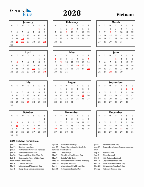 2028 Vietnam Holiday Calendar - Monday Start