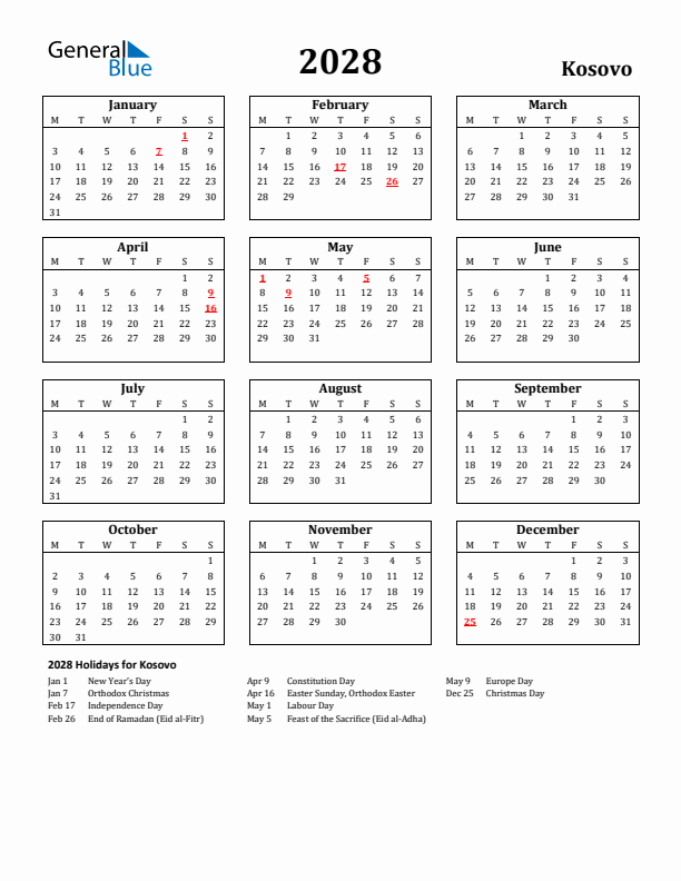 2028 Kosovo Holiday Calendar - Monday Start