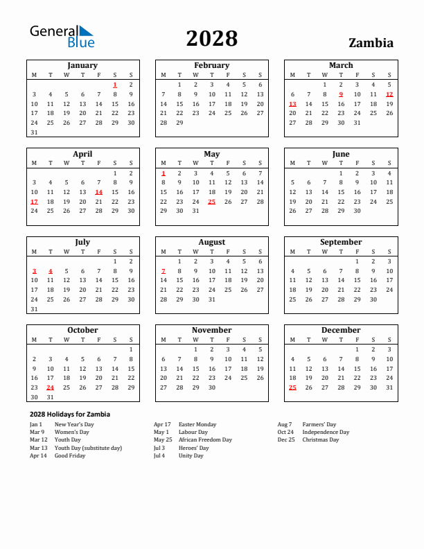 2028 Zambia Holiday Calendar - Monday Start