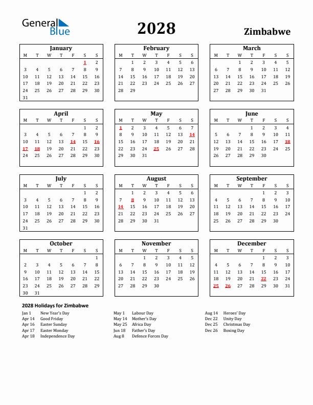 2028 Zimbabwe Holiday Calendar - Monday Start