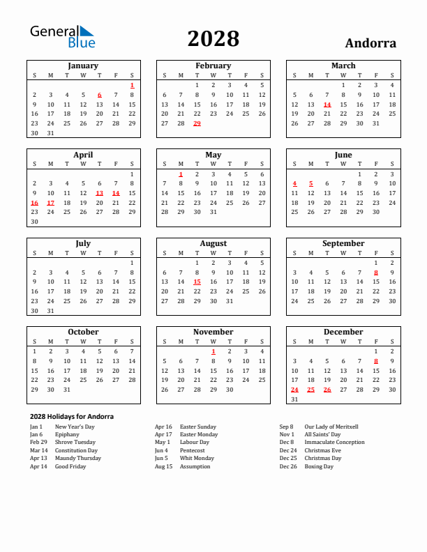 2028 Andorra Holiday Calendar - Sunday Start
