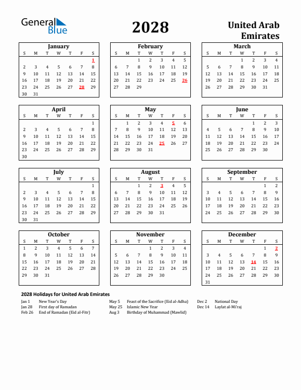 2028 United Arab Emirates Holiday Calendar - Sunday Start
