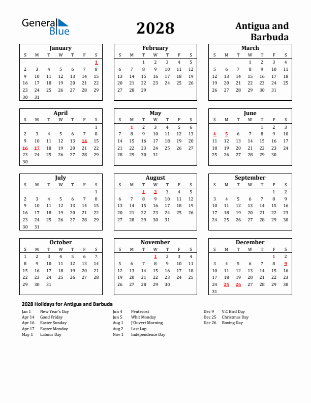 2028 Antigua and Barbuda Holiday Calendar - Sunday Start