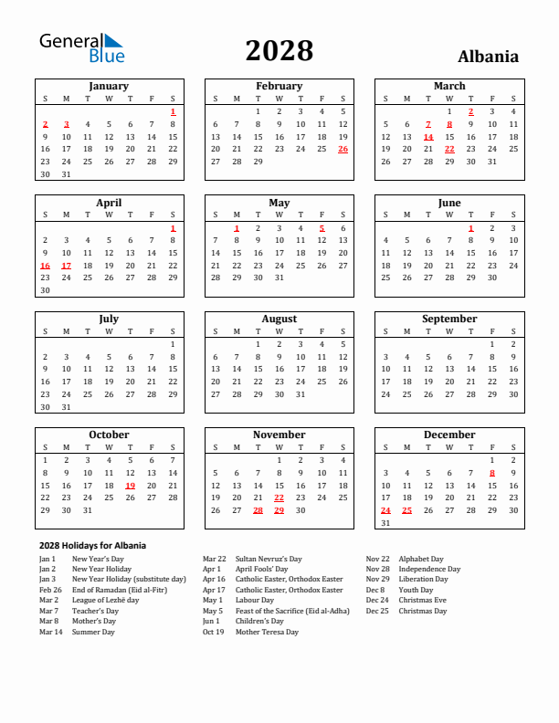 2028 Albania Holiday Calendar - Sunday Start