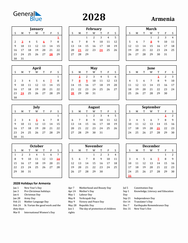 2028 Armenia Holiday Calendar - Sunday Start