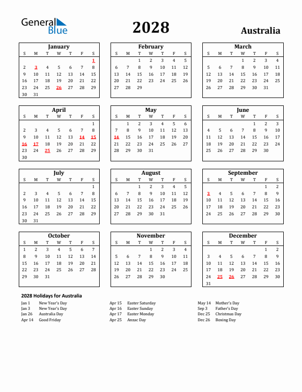 2028 Australia Holiday Calendar - Sunday Start