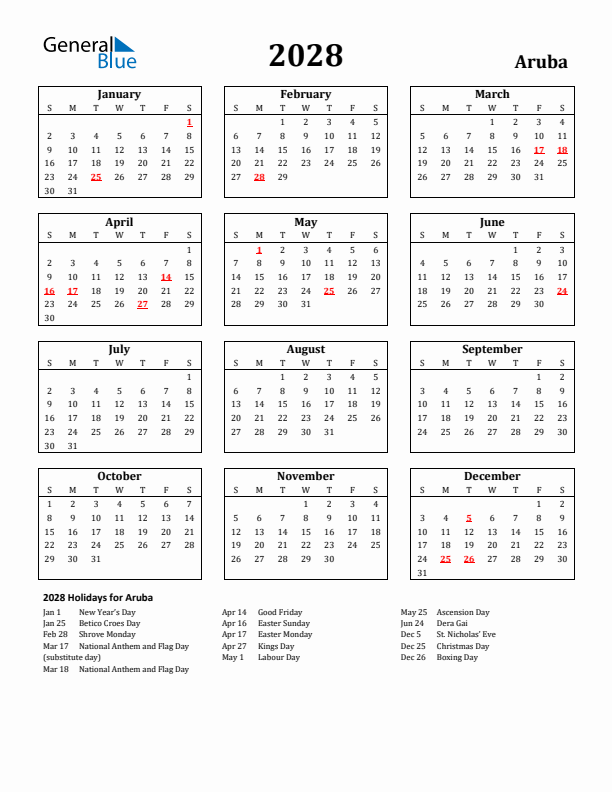 2028 Aruba Holiday Calendar - Sunday Start