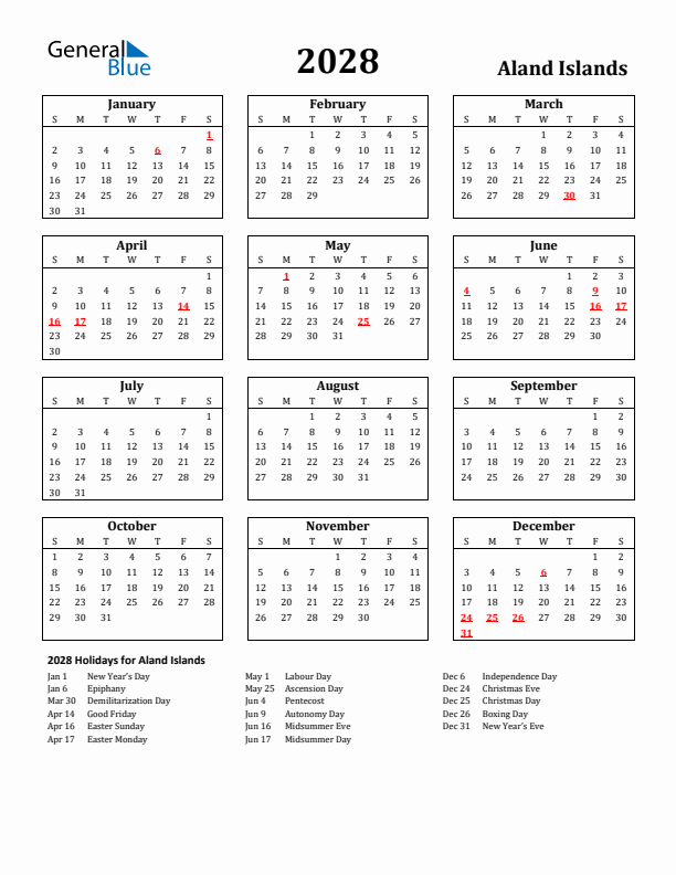 2028 Aland Islands Holiday Calendar - Sunday Start