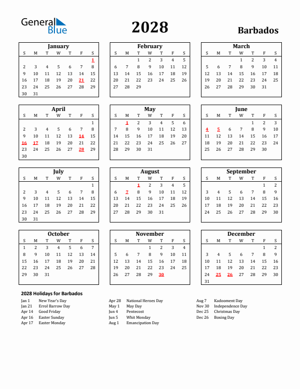 2028 Barbados Holiday Calendar - Sunday Start