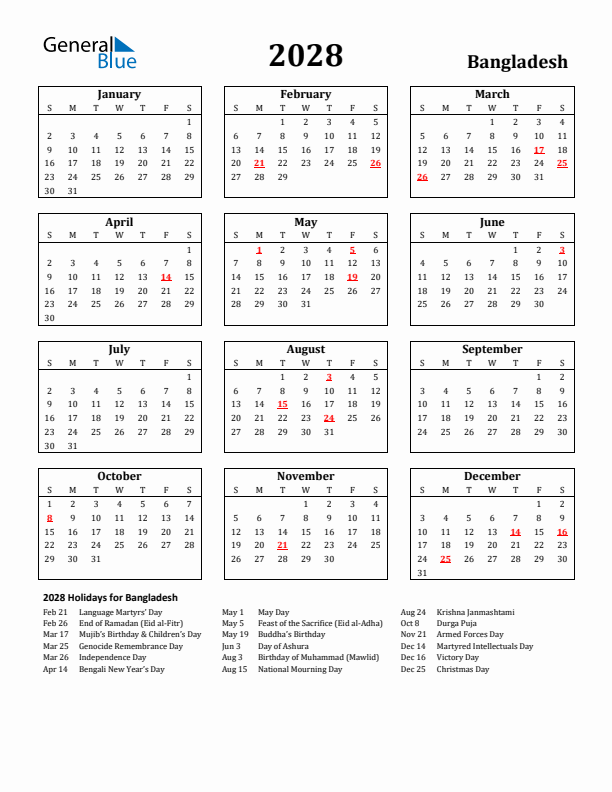 2028 Bangladesh Holiday Calendar - Sunday Start