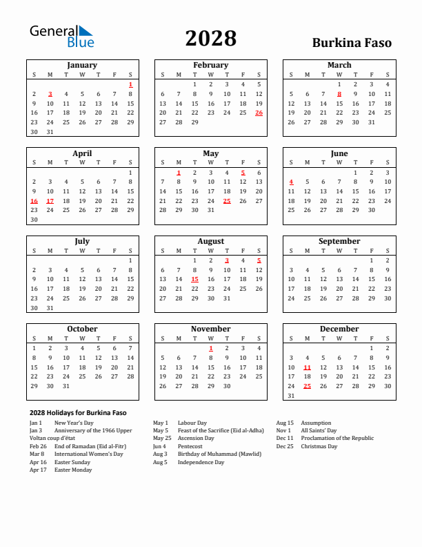 2028 Burkina Faso Holiday Calendar - Sunday Start