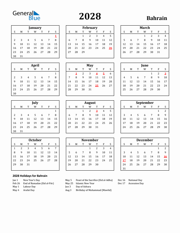 2028 Bahrain Holiday Calendar - Sunday Start