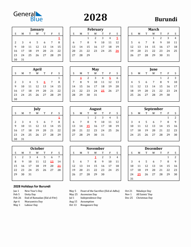 2028 Burundi Holiday Calendar - Sunday Start