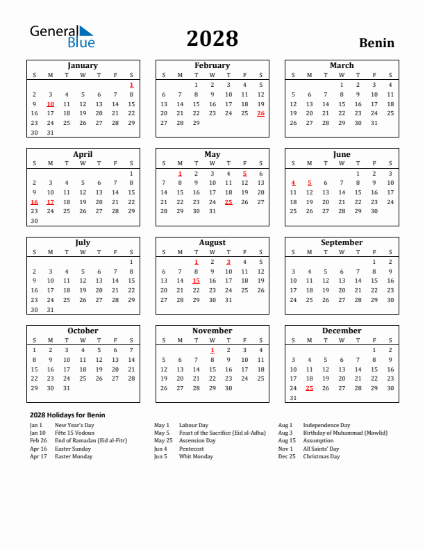 2028 Benin Holiday Calendar - Sunday Start