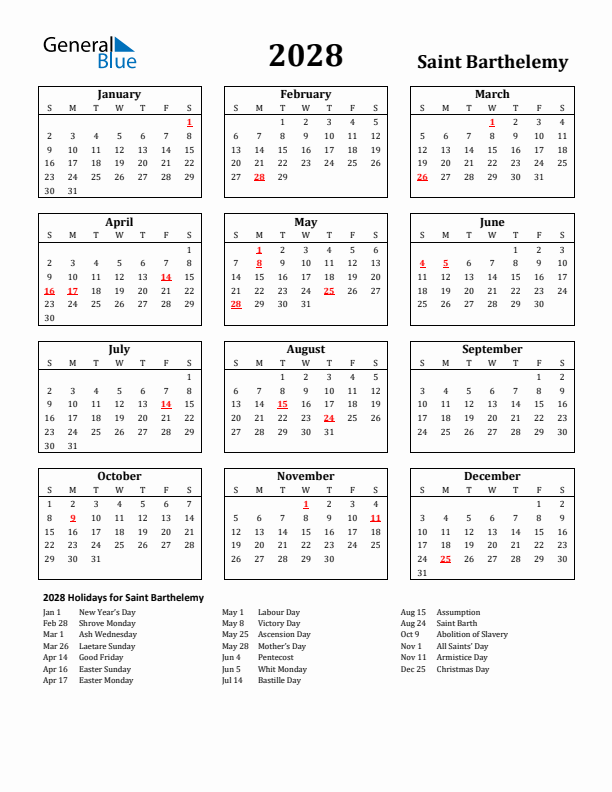 2028 Saint Barthelemy Holiday Calendar - Sunday Start