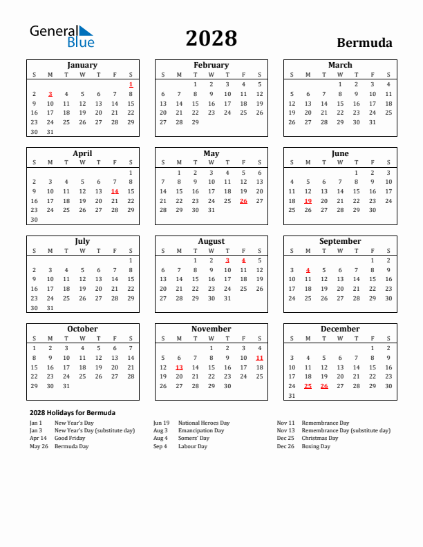 2028 Bermuda Holiday Calendar - Sunday Start