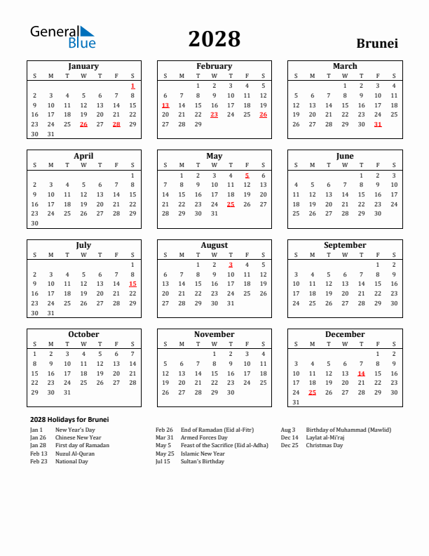 2028 Brunei Holiday Calendar - Sunday Start