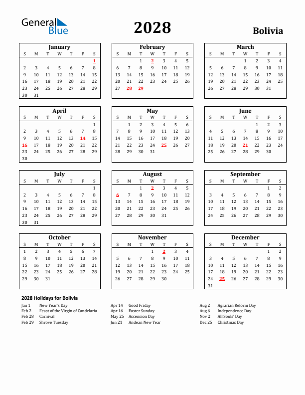 2028 Bolivia Holiday Calendar - Sunday Start