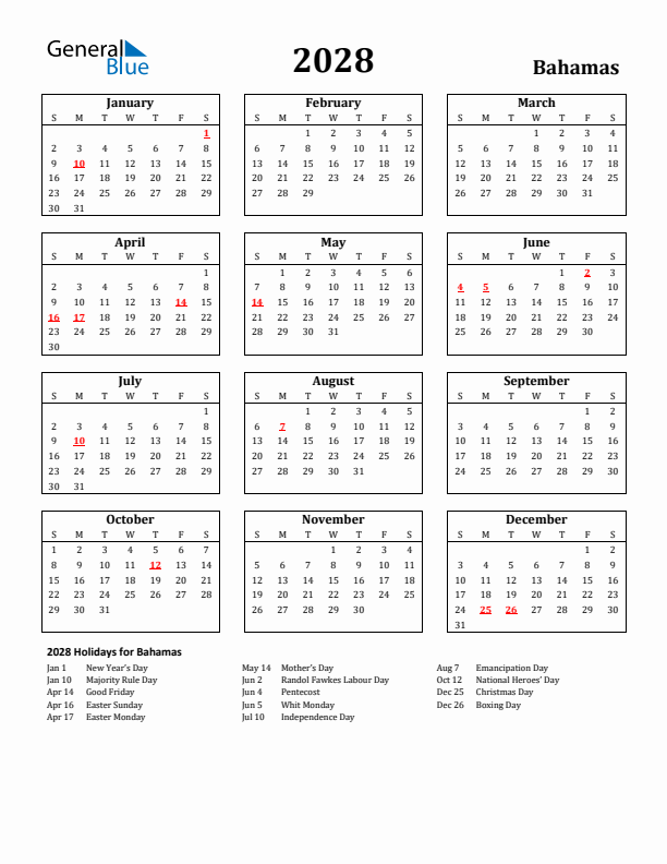 2028 Bahamas Holiday Calendar - Sunday Start