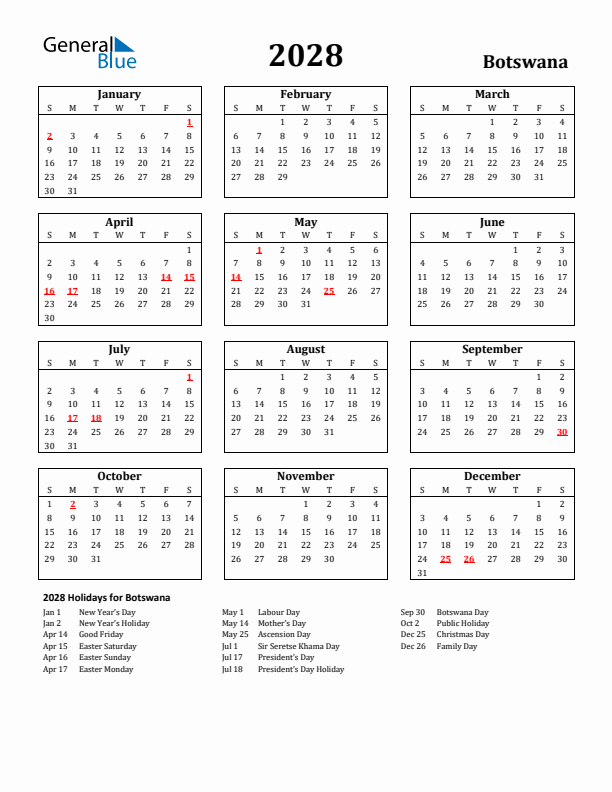 2028 Botswana Holiday Calendar - Sunday Start