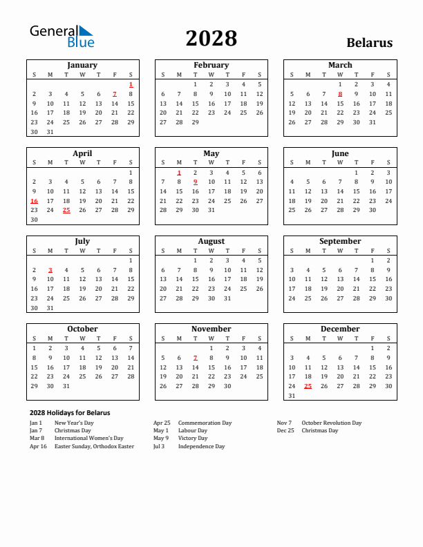 2028 Belarus Holiday Calendar - Sunday Start