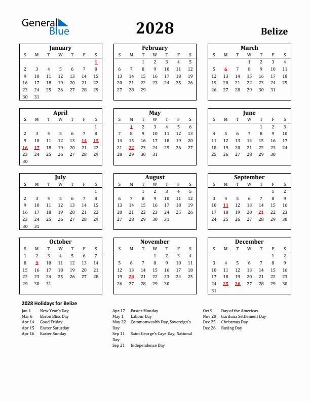 2028 Belize Holiday Calendar - Sunday Start
