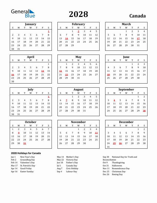 2028 Canada Calendar with Holidays