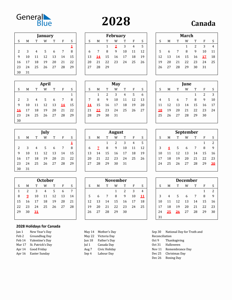 Free Printable 2028 Canada Holiday Calendar