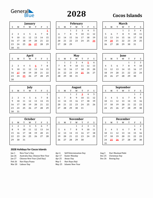 2028 Cocos Islands Holiday Calendar - Sunday Start