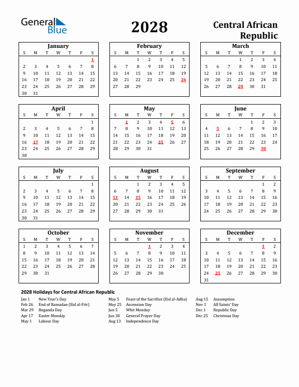 2028 Central African Republic Holiday Calendar - Sunday Start