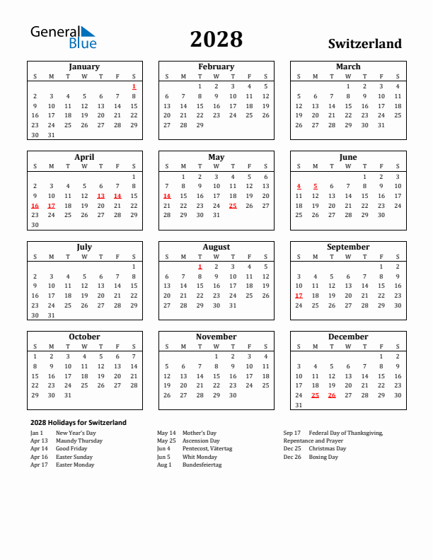 2028 Switzerland Holiday Calendar - Sunday Start