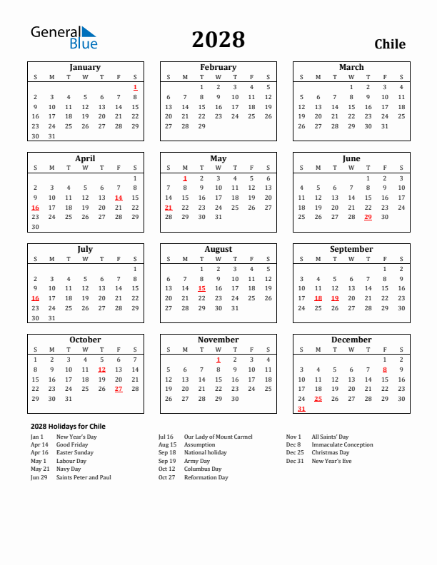2028 Chile Holiday Calendar - Sunday Start