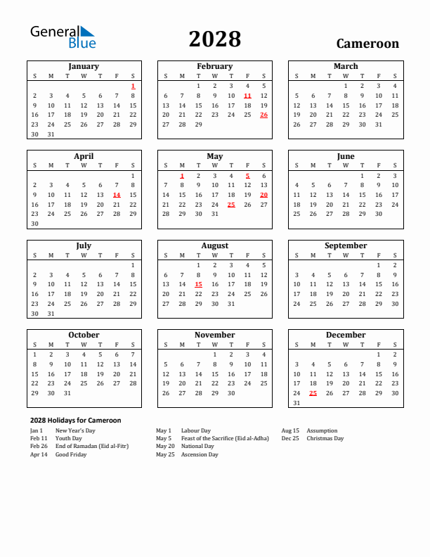 2028 Cameroon Holiday Calendar - Sunday Start