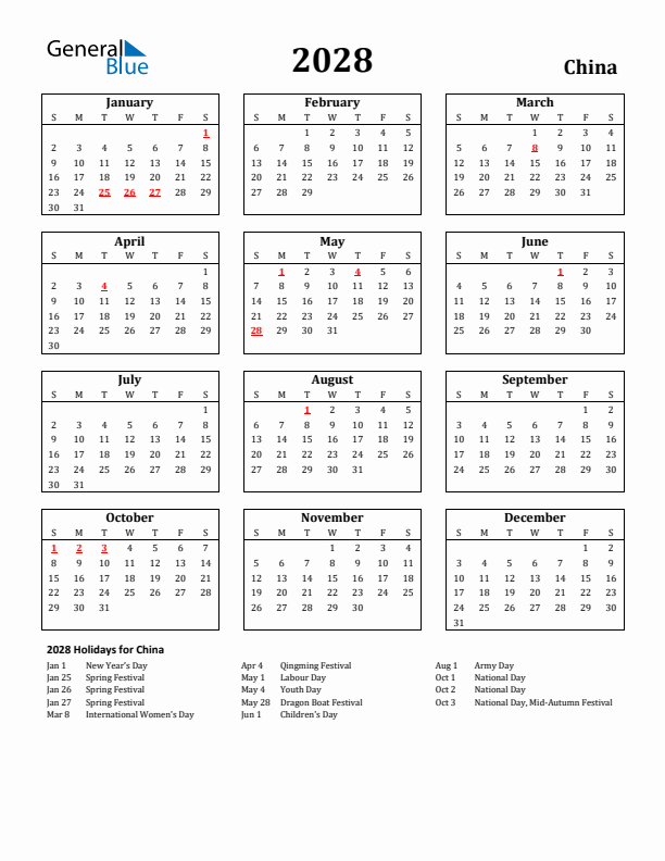 2028 China Holiday Calendar - Sunday Start