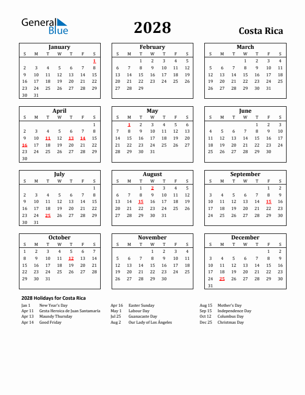 2028 Costa Rica Holiday Calendar - Sunday Start
