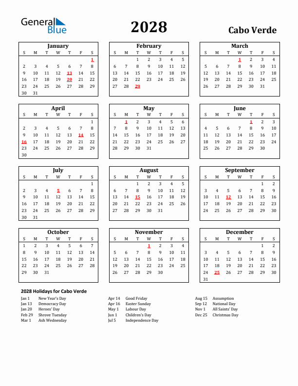 2028 Cabo Verde Holiday Calendar - Sunday Start