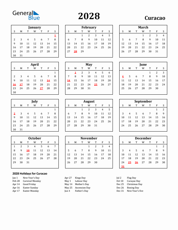 2028 Curacao Holiday Calendar - Sunday Start