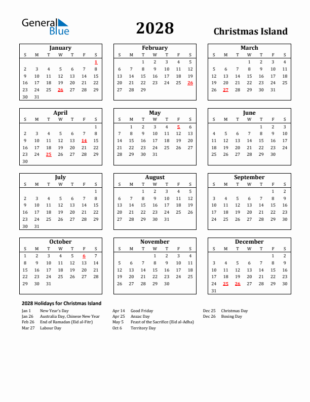 2028 Christmas Island Holiday Calendar - Sunday Start