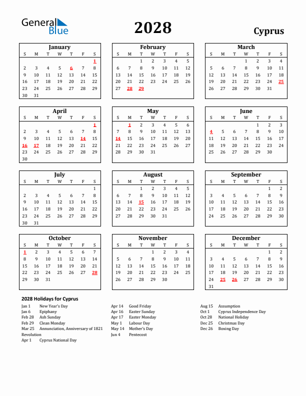 2028 Cyprus Holiday Calendar - Sunday Start