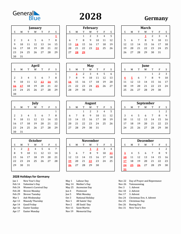 2028 Germany Holiday Calendar - Sunday Start