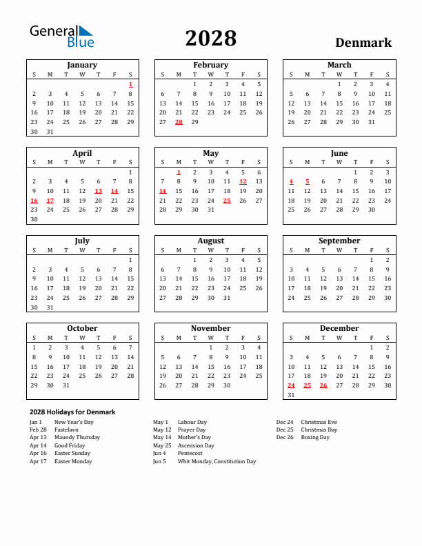 2028 Denmark Holiday Calendar - Sunday Start
