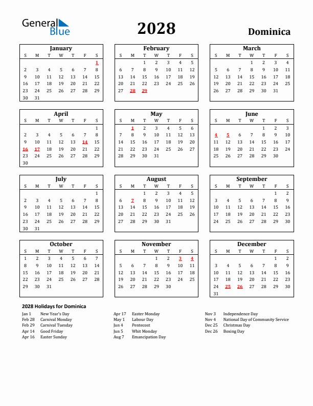 2028 Dominica Holiday Calendar - Sunday Start
