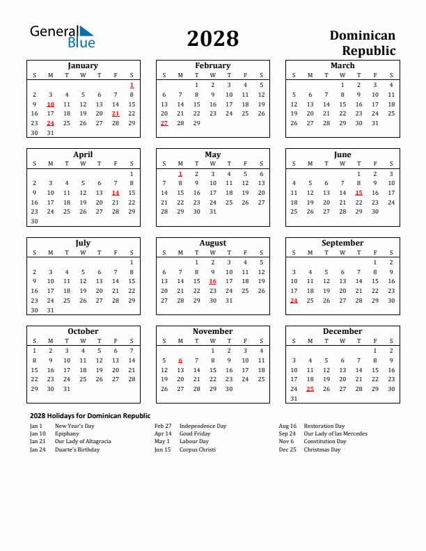 2028 Dominican Republic Holiday Calendar - Sunday Start